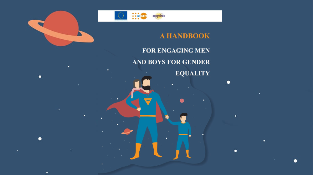 Cover of the handbook for engaging men and boys for gender equality, a superhero father with his children