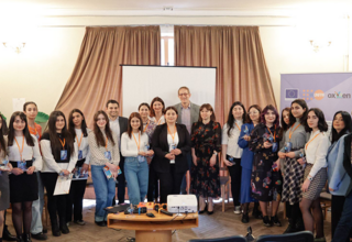 Young speaker girls with representatives of the UN RC Office in Armenia, UNFPA, UNHCR, MLSA and others