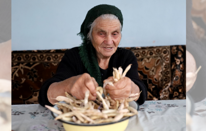 Grandma Goharik was separating the seeds from the crushed husks of the beans grown in her garden 