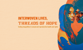 Text reads "Interwoven lives, threads of hope", two women, one Asian, one African, standing cheek to cheek 