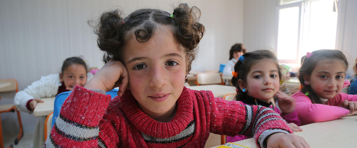 On 22 April 2015, young girls in classroom at the opening of a new education centre for Syrian children in Kahranmanmaras. Copyright: UNICEF/UN0191130/Ergen