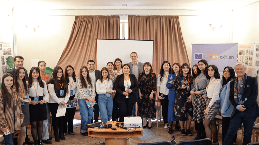 Young speaker girls with representatives of the UN RC Office in Armenia, UNFPA, UNHCR, MLSA and others