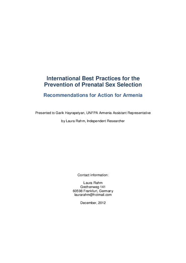 International Best Practices for the Prevention of Prenatal Sex Selection: Recommendations for Action for Armenia